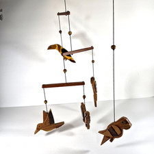 Vintage Artisan Hand Carved Inlaid Wooden Bird Mobile Hanging Decor Kinetic Art picture