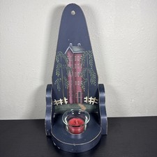 Primitive Folk Art Tall Salt Box House And Weeping Willow Wooden Wall Sconce picture