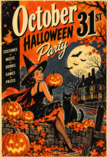 October 31st Halloween Party Vintage 1950s Witch Black Cat Art Poster 13x19 picture