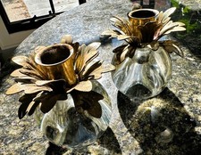 Hollywood Regency VTG MCM Heavy Glass Ball Pineapple Metal Leaf Candle Holders picture