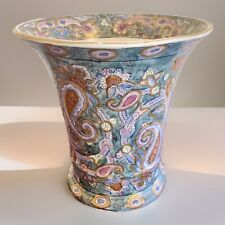 VTG Kashmir Porcelain Asian Vase Planter Hand Painted Green Gold Paisley 8” picture