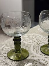 Vtg German Roemer Wine Glasses Etched Green Beehive Stem Grape MCM Set of 2 picture