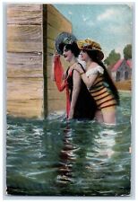 Beach Bathing Beauties Postcard With Hat Bath House c1910's Unposted Antique picture