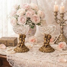 Pair VTG Hollywood Regency Crystal Compotes •Gold Tone Ornate Cherub Pedestal 7” picture