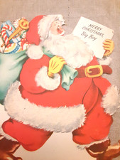 VINTAGE MERRY CHRISTMAS CARD BIG BOY SANTA FLOCKED TRIM 1940s EPHEMERA picture