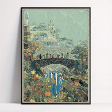 Dreamy Storybook Landscape Wall Art Bridge Waterfall Vintage Illustration Print picture