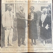 1932 Amelia Earhart Newspaper Clipping, Receives Medal From President Hoover picture