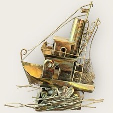 HC VTG BRASS COPPER METAL ART FISHING BOAT MUSIC BOX PLAYS UP THE LAZY RIVER picture