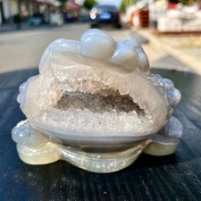 Natural Amethyst agate geode quartz crystal Hand carved Golden Toad 1.1LB picture