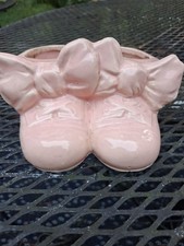Vintage Pottery Baby Shoe Planter Pink Bootie Bows 1950s picture