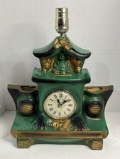 VTG Lanshire Ceramic Table Lamp Clock Vase Self Starting Buddha Gold Green Works picture
