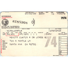 1974 California Automobile Registration Card 1955 Chevy Chevrolet Santa Ana CA picture