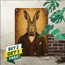 Gentleman Bunny Metal Sign Wall Art Vintage Rabbit Portrait Home Decor Plaque picture