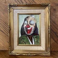 VTG Clown Hobo Ceramic Tile in Gold Wooden Frame picture