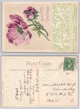 1913 Embossed Cross Stitch Flowers Birthday Postcard Sandusky Ohio picture
