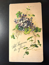 1907 POSTCARD EMBOSSED VIOLETS & IVY-ALL HAPPINESS BE YOURS SIGNED KLEIN-UNUSED picture