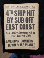 Daily News January 20, 1942 Original Newspaper 4th Ship Hit by Sub East Coast picture