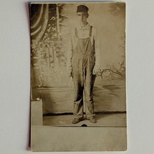 Antique RPPC Young Machinist Boy Overalls Holding Calipers Tool Hand X Stamp picture