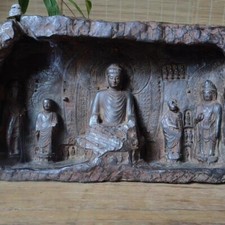 Chinese Old Stone Carved Buddha Statue Zen Belief Shrine Home Office Decor picture