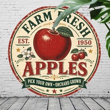 Farm Fresh Apples Orchard Harvest Round Metal Sign Kitchen Wall Plaque picture