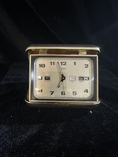 Vintage Linden Folding Travel Alarm Clock Japan Month Day Date Calendar Brown picture