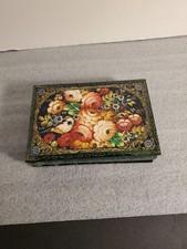 Beautiful Russian Wooden Trinket Box Hand Painted Lacquer Flowers Bird  picture
