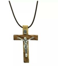 Wood Olive Cross Crucifix Pendant Necklace Made in Holy Land Bethlehem Jerusalem picture