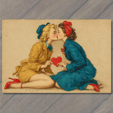 POSTCARD Retro Romantic Women Kiss Heart Vintage Style Love picture