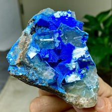 208G Natural Cyanotrichite with calcite rough mineral sample/symbiosis picture