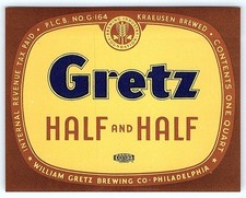 Vintage Gretz Half and Half Beer Label - Philadelphia 1 Quar picture