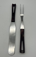 Vintage Stanhome Stainless Serving Fork Cake Knife Brown Bakelite Handles 2pc picture