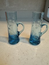 Vintage Bohemia Crystal etched Aqua Blue Handled Shot Glasses - Set of 2 picture