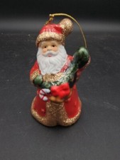 Vintage Porcelain Santa Claus Ornament Bell Green Red Glazed Glitter Candy Cane picture