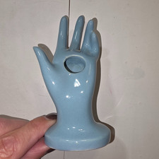 Vintage Hand Shaped Vase Bud Flower Arrangement Ceramic Blue Small 4 3/8