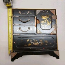 Antique Victorian Black Lacquer Copper  Inlaid Jewelry Chest 6 Drawer Armoire  picture