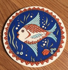Vintage Turkish Iznik Style Ceramic Tile Coaster Hand Painted Fish Art 6 1/2” picture