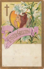 Antique 1909 Embossed Easter Greeting Postcard Praying Woman Lilies Cross picture