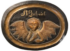 Antique St. Gabriel Artist Carved Wood Plaque Archangel 1915 M Wiedeman Folk Art picture