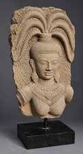 Khmer Style Apsara Devata Hand Carved Stone Relief Sculpture 9.8lb w/ Stand picture