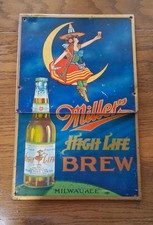 Vintage Original Miller High Life Beer Milwaukee Metal Sign Girl On The Moon picture