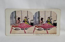 Antique Stereo View Card Yokohama Japan Dancing Girls Music Refreshments Picnic picture