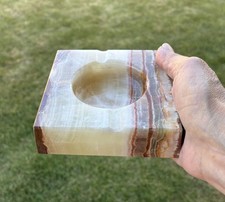 VTG Green Brown Onyx Marble Alabaster Ashtray Square Heavy Natural Stone MCM 4” picture