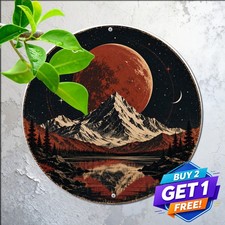 Minimalist Moonlit Snowy Peaks Lake Round Sign Winter Mountain Wilderness Plaque picture