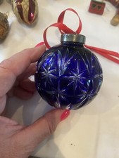  Waterford Signed Cased Cobalt Blue Cut to Clear Crystal Ball Christmas Ornamen picture