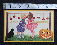 1908 International Art Halloween Postcard Children Playing Apple Black Cat JOL picture