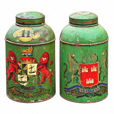 Antique Victorian Green Tole Tea Canister Pair Armorial Aberdeen Bon Accord 18in picture