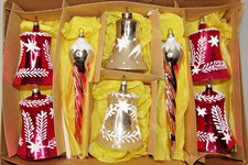 Set Vintage Glass Stencil Mica Pictured BELL ICICLE Christmas Ornaments Germany picture