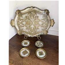 Vintage Mid-20th Century Italian Florentine Gold-Tone Gilded Tray W/ 4 Coasters picture
