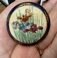 Antique Satsuma Hat Pin Multi Color Flowers Grass Cobalt Edge Signed picture