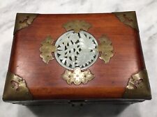 Vintage Chinese Wood & Brass Jewelry Box Jade Inlay Padded Silk Lined picture